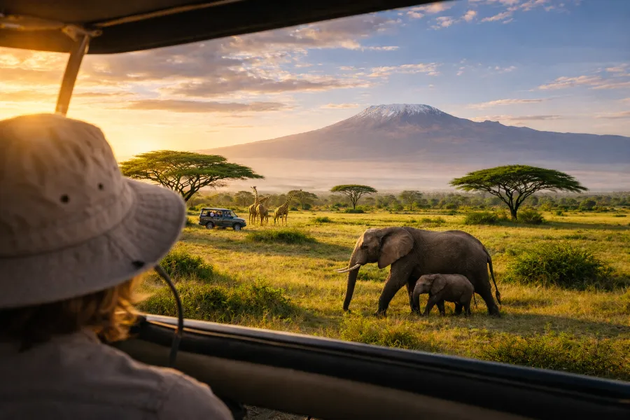 Safari view with elephants and Mount Kilimanjaro