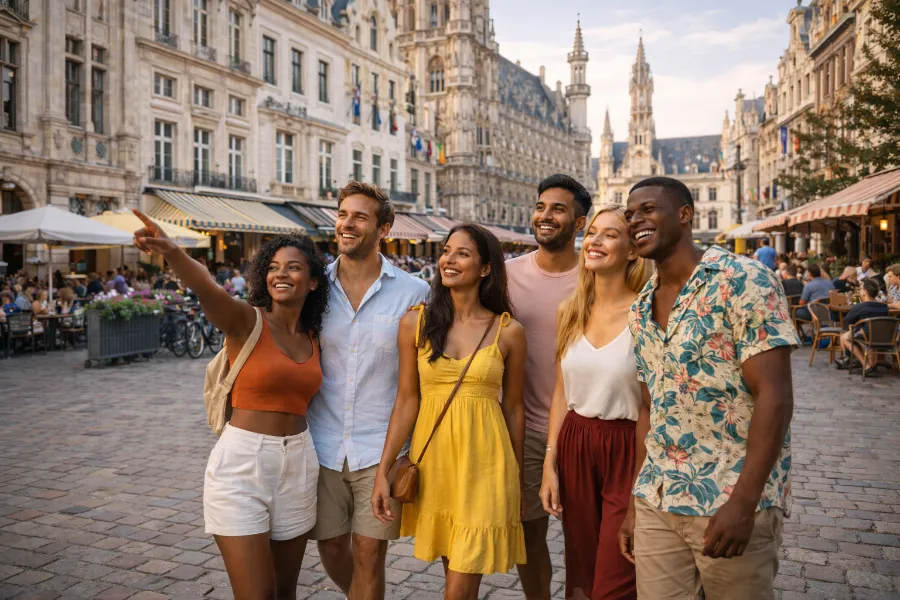 Group of travellers exploring European city
