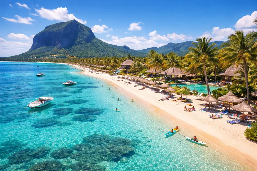 Mauritius beach and lagoon aerial view