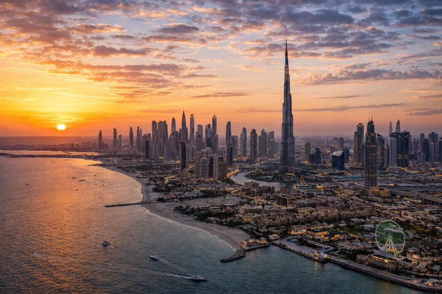 Dubai skyline and waterfront at sunset