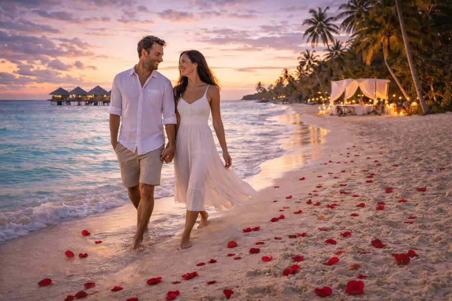 Couple walking on tropical beach at sunset
