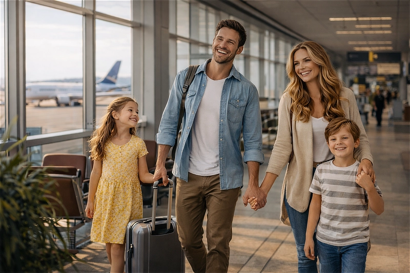 Family travelling through airport