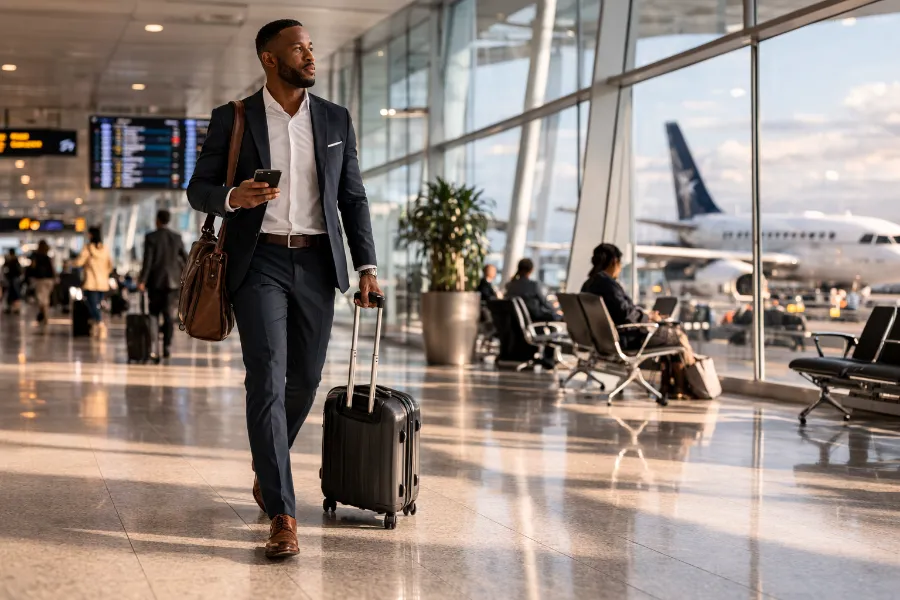 Business traveller walking through airport
