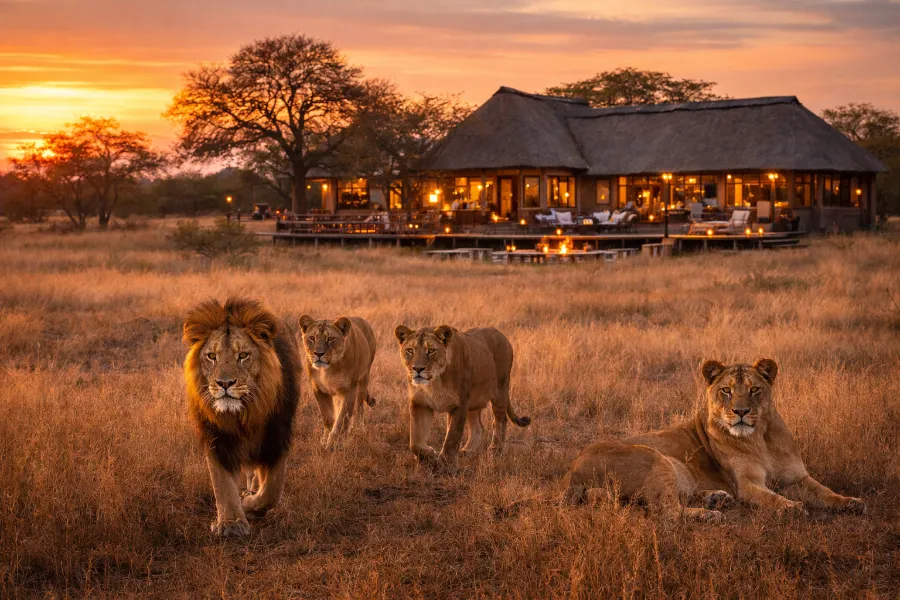 Lions near safari lodge at sunset