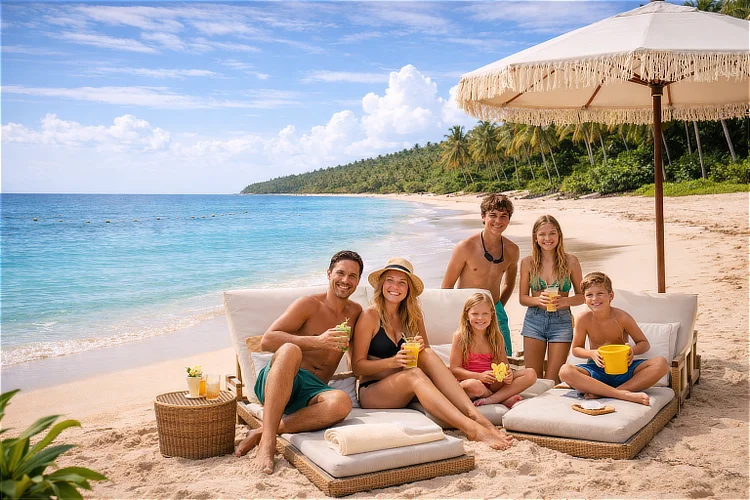 Family enjoying a tropical beach vacation at a luxury seaside resort